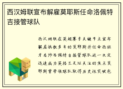 西汉姆联宣布解雇莫耶斯任命洛佩特吉接管球队 西汉姆联宣布解雇莫耶斯任命洛佩特吉接管球队